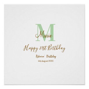 Frohen 21. Geburtstag grün Name Monogramm braun  Poster