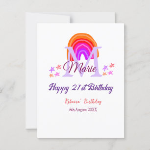 Frohen 21. Geburtstag rosa Name Monogramm Regenbog Postkarte