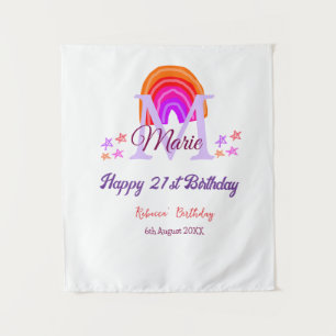 Frohen 21. Geburtstag rosa Name Monogramm Regenbog Wandteppich