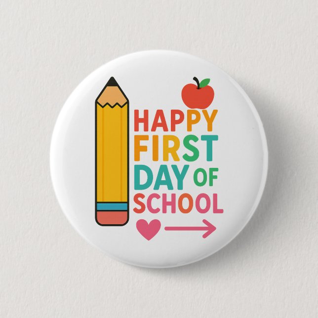 Frohen ersten Schultag Bunter Apfel Bleistift Button (Vorderseite)