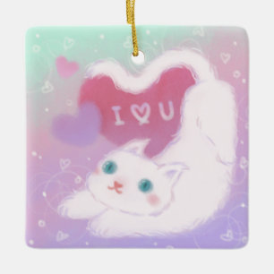 Frohen Valentinstag mit flauschiger weißer Katze Keramikornament