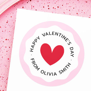 Frohen Valentinstag rosa wellige Umrandung rotes H Runder Aufkleber