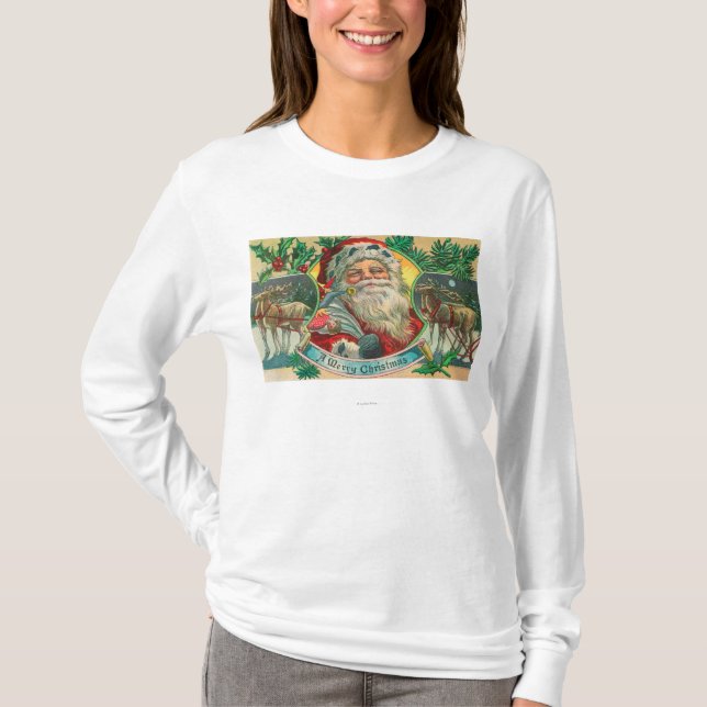 Frohen Weihnachten Sankt und Ren-Szene T-Shirt (Vorderseite)
