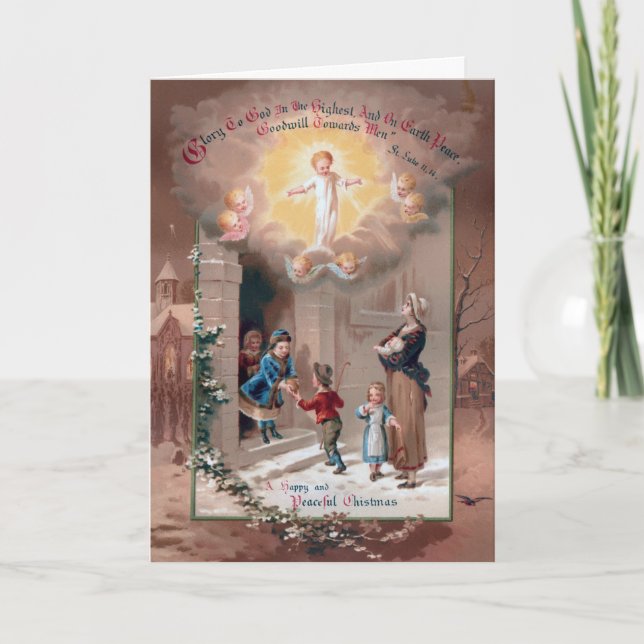 Froher Tidings-religiöse viktorianische Karte (Vorderseite)