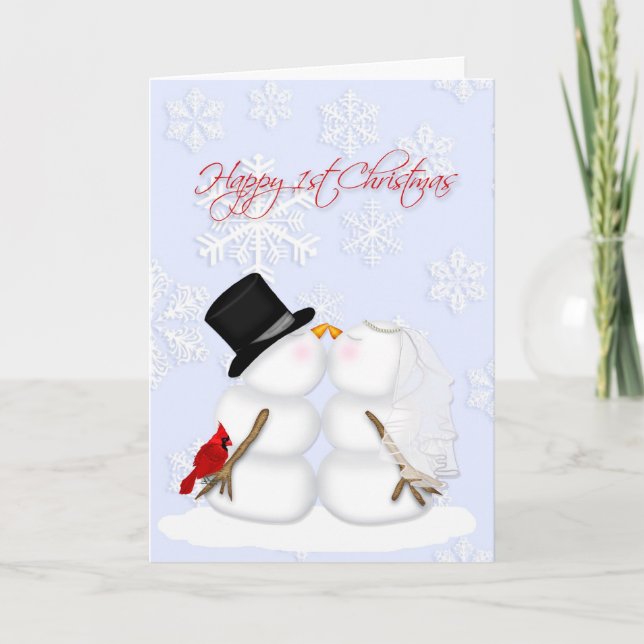 Frohes 1. Weihnachten, Schneepaar, Schneeflocken Feiertagskarte (Vorderseite)