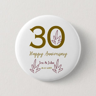 Frohes 30. Jubiläum Name Datum goldenes rotes Blat Button