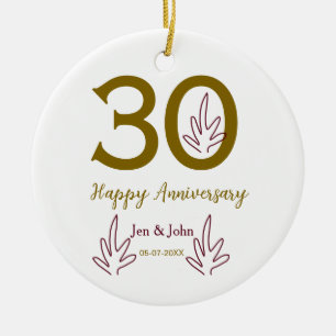 Frohes 30. Jubiläum Name Datum goldenes rotes Blat Keramik Ornament