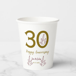 Frohes 30. Jubiläum Name Datum goldenes rotes Blat Pappbecher
