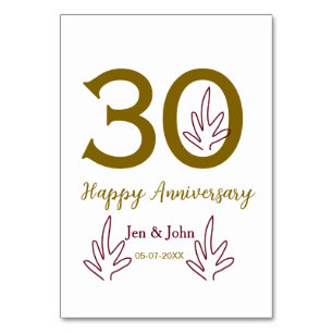 Frohes 30. Jubiläum Name Datum goldenes rotes Blat Tischnummer