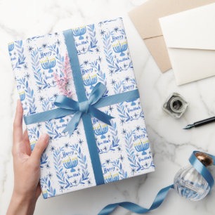 Frohes Chanukka Botanische Menora Aquarell Geschenkpapier