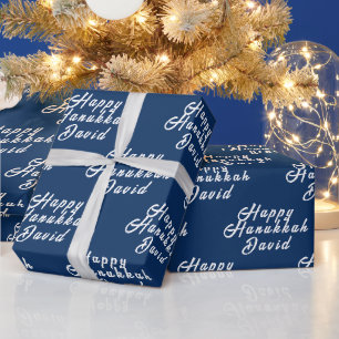 Frohes Chanukka Name Blau Weiße Einfache Menora Geschenkpapier