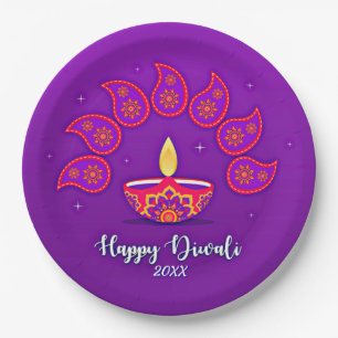 Frohes Diwali Füge Jahr 20xx Purpur Gelb Rot 9" Pappteller