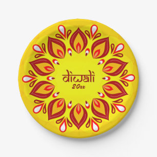 Frohes Diwali Füge Jahr hinzu Gelb Rot 7" Pappteller