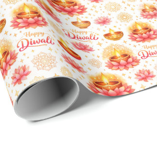 Frohes Diwali — Wasserfarbe Diya & Lotus  Geschenkpapier