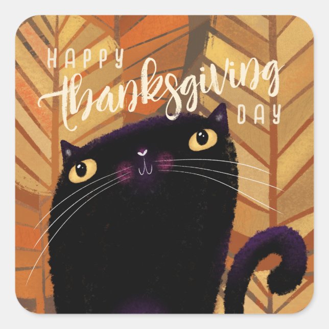 Frohes Erntedankfest Black Cat Herbst Herbst Quadratischer Aufkleber (Vorderseite)