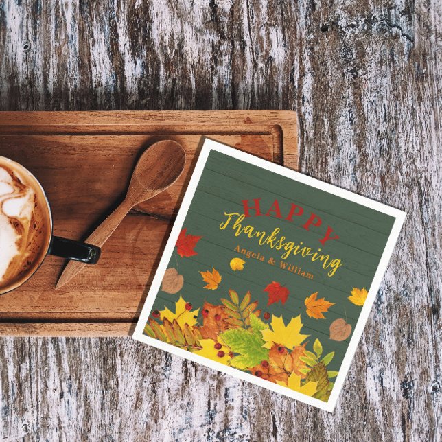 Frohes Erntedankfest farbenfrohe Blätter auf Holz Serviette (Von Creator hochgeladen)