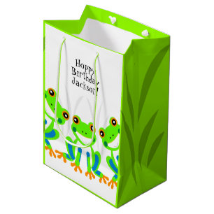 Frohes Geburtstag! Niedliche Grüne Laubfrösche im Mittlere Geschenktüte