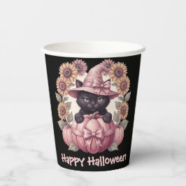 Frohes Halloween Coquette Schwarze Katze & Rosa Kü Pappbecher