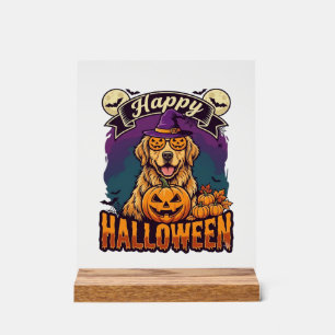 Frohes Halloween Golden Retriever Hexenhut Kürbis Acrylschild