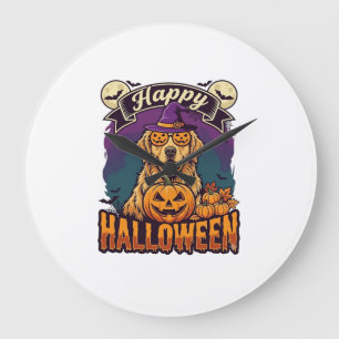 Frohes Halloween Golden Retriever Hexenhut Kürbis Große Wanduhr
