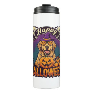 Frohes Halloween Golden Retriever Hexenhut Kürbis Thermosbecher