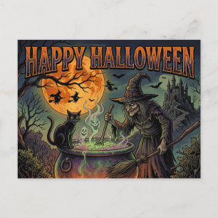 Frohes Halloween Hexe Schwarze Katze Vollmond Retr Postkarte
