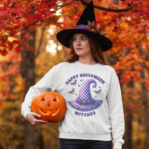 Frohes Halloween Hexen Lila Gingham Hexenhut Sweatshirt