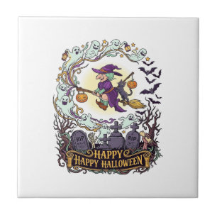 Frohes Halloween Hexenbesen Schwarze Katze Geister Fliese