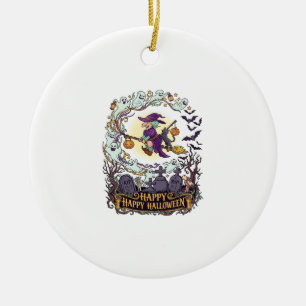 Frohes Halloween Hexenbesen Schwarze Katze Geister Keramik Ornament