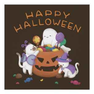 Frohes Halloween: Katzen & Gespenst Poster