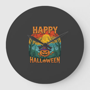 Frohes Halloween Kürbis Hexenhut Vollmond Fledermä Große Wanduhr