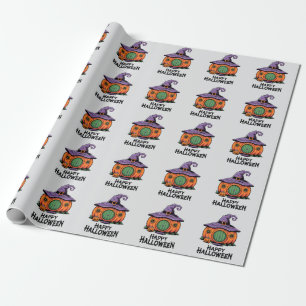 Frohes Halloween Kürbiskottage & Hexenhutdach Geschenkpapier
