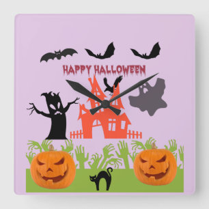 Frohes Halloween Menacinger Baumrinde, Fledermäuse Quadratische Wanduhr