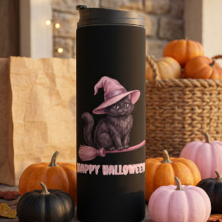 Frohes Halloween schwarze Hexenkatze Thermosbecher
