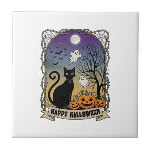 Frohes Halloween Schwarze Katze Geister Kürbisse_1 Fliese