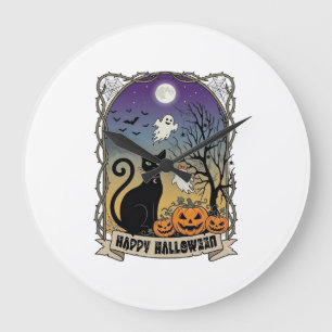 Frohes Halloween Schwarze Katze Geister Kürbisse_1 Große Wanduhr