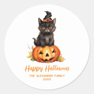 Frohes Halloween Schwarze Katze Hexenhut Kürbis Runder Aufkleber