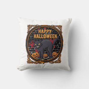 Frohes Halloween Schwarze Katze Kürbisse Knochen_1 Kissen