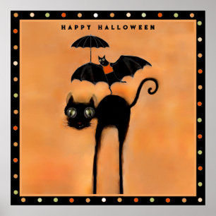 Frohes Halloween schwarze Katze und Akrobat Poster