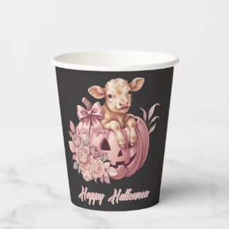 Frohes Halloween Süßes Babykalb & Pastellrosa Kürb Pappbecher