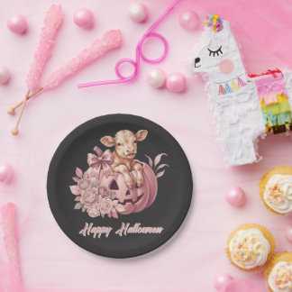 Frohes Halloween Süßes Babykalb & Pastellrosa Kürb Pappteller
