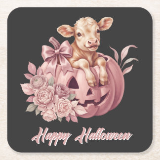 Frohes Halloween Süßes Babykalb & Pastellrosa Kürb Rechteckiger Pappuntersetzer