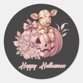 Frohes Halloween Süßes Babykalb & Pastellrosa Kürb Runder Aufkleber