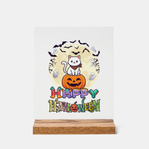 Frohes Halloween Weiße Katze Kürbis Mond Fledermäu Acrylschild