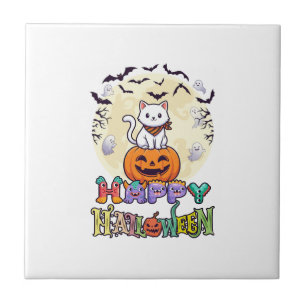 Frohes Halloween Weiße Katze Kürbis Mond Fledermäu Fliese