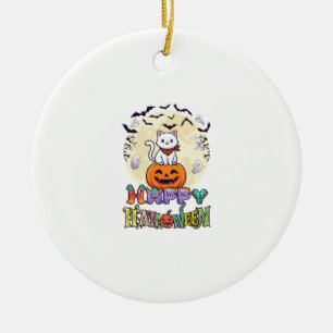 Frohes Halloween Weiße Katze Kürbis Mond Fledermäu Keramik Ornament