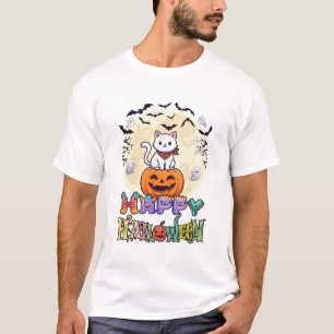 Frohes Halloween Weiße Katze Kürbis Mond Fledermäu T-Shirt