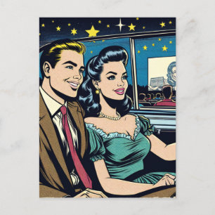 Frohes Jubiläum   Retro-Paar im Drive-In-Kino Postkarte