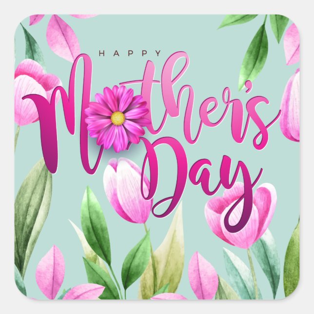 Frohes Mütterchen rosa Tulpen Banner Quadratischer Aufkleber (Vorderseite)