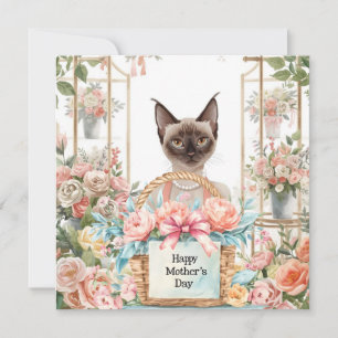 Frohes Muttertags Siamese Katze arrangiert Blumen  Feiertagskarte